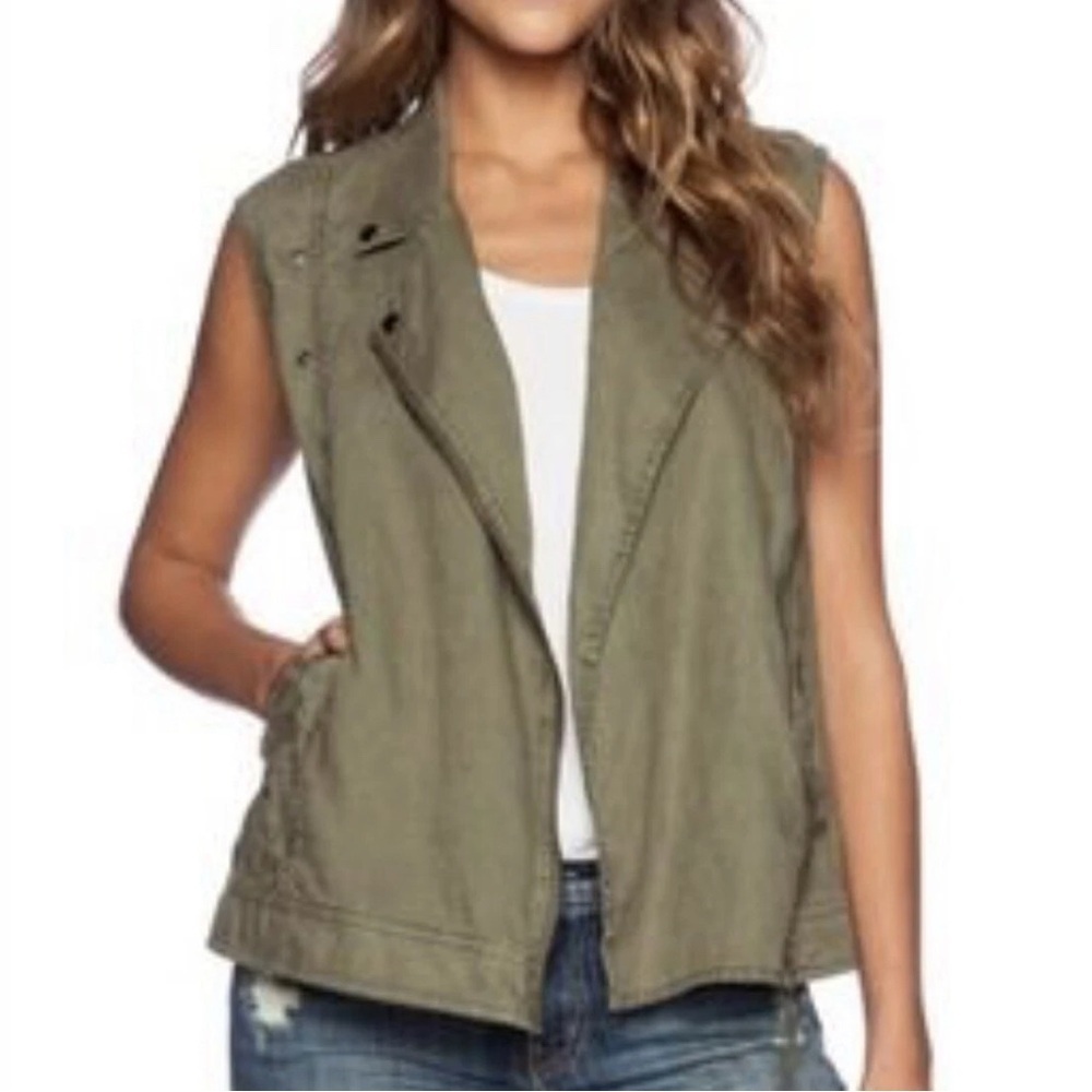 Michael Stars Linen Medium Moto Olive Green Sleeveless Vest Military Small 431